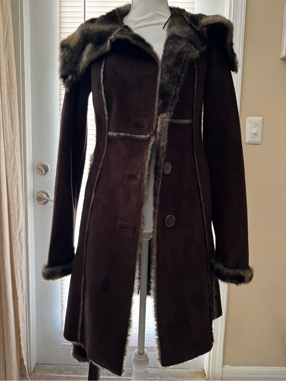 Laundry By Shelli Segal Dark Brown Faux Fur-Trimmed Suede Trench Coat
